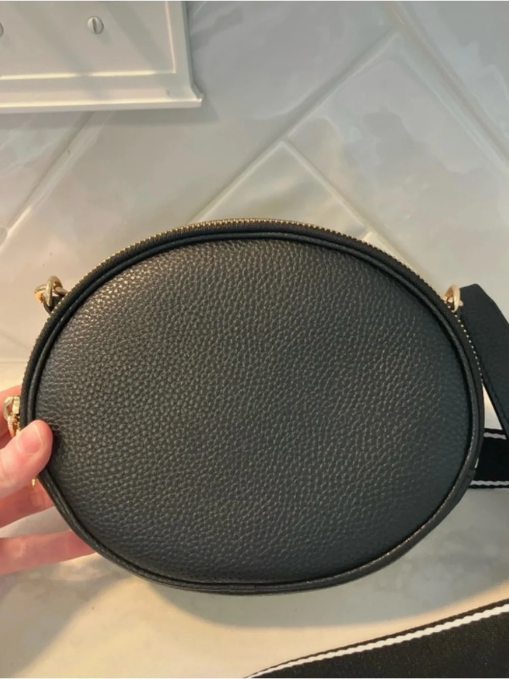 Marc Jacobs Black Pebbled Leather Oval Crossbody with Striped Strap - Picture 4 of 15